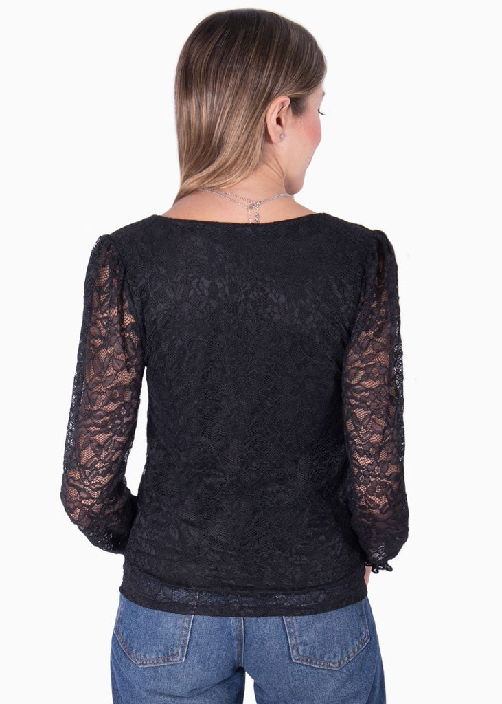 Blusa manga larga con tela de encaje para mujer - Flashy