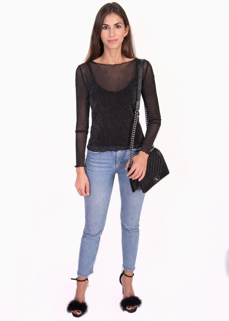 Blusa manga larga con transparencia y brillo para mujer - Flashy