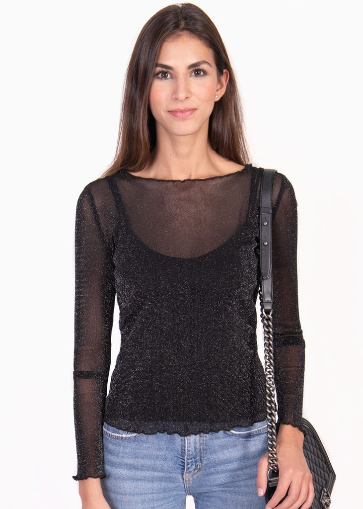 Blusa manga larga con transparencia y brillo para mujer - Flashy