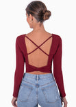 Crop top manga larga con espalda descubierta color vino para mujer - Flashy