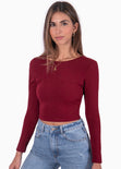 Crop top manga larga con espalda descubierta color vino para mujer - Flashy