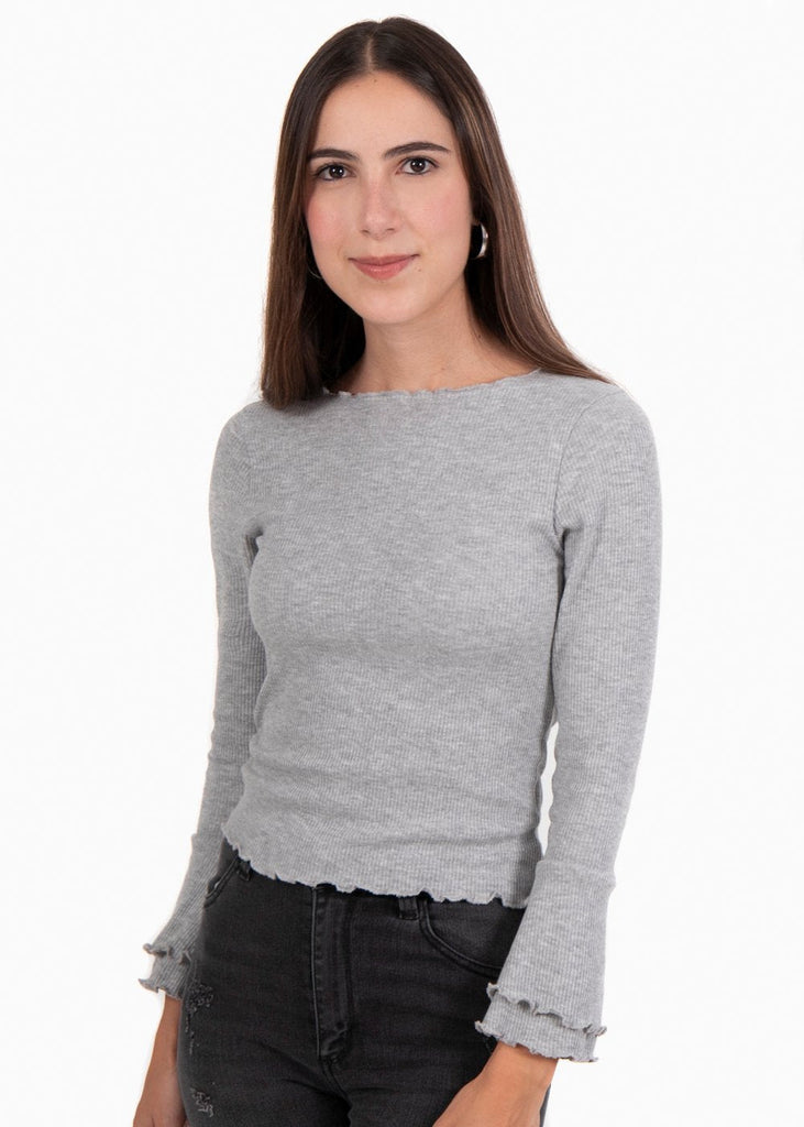 Blusa manga larga gris con manga campana para mujer - Flashy
