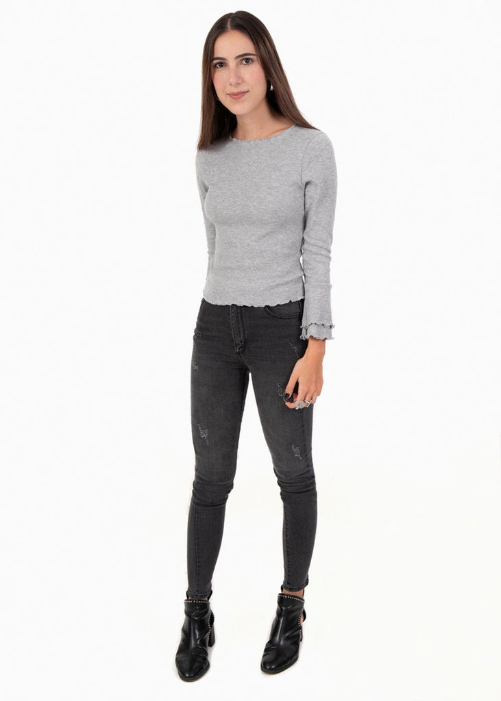 Blusa manga larga gris con manga campana para mujer - Flashy