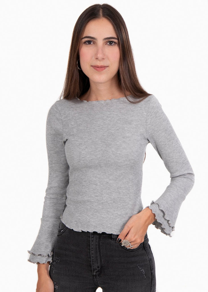 Blusa manga larga gris con manga campana para mujer - Flashy