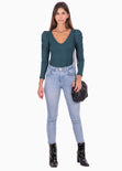Blusa manga larga, escote en v y recogido en hombros para mujer - Flashy