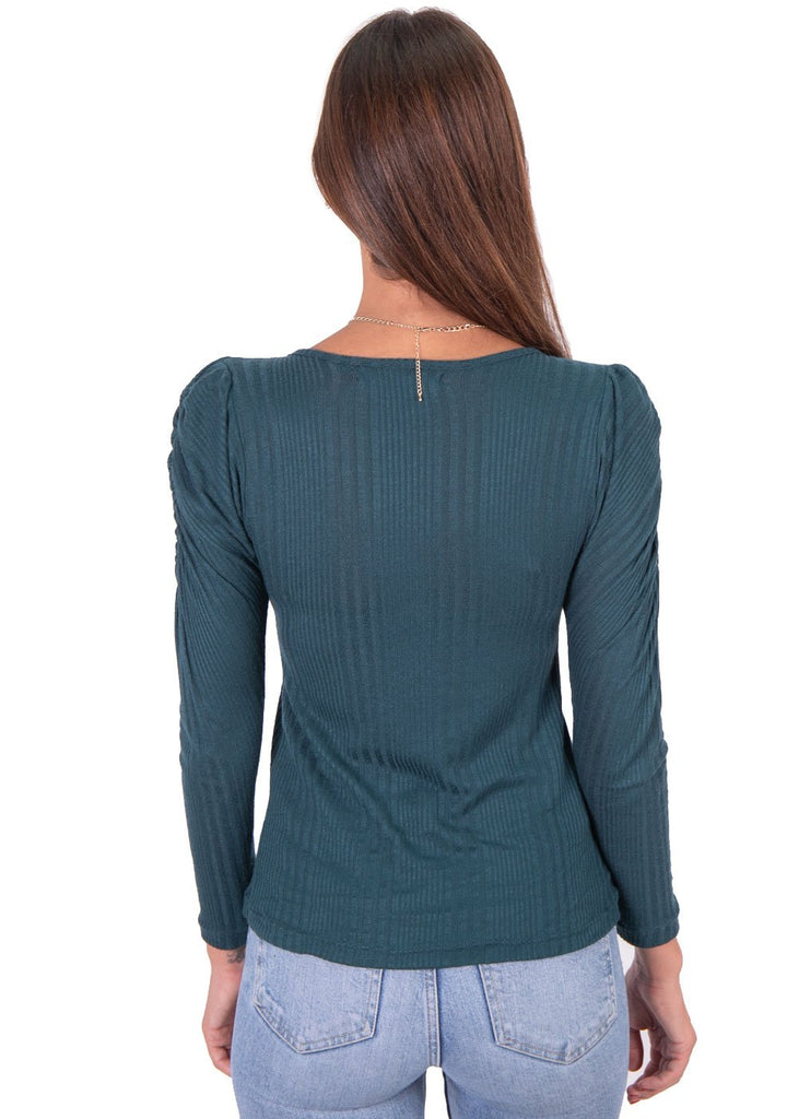 Blusa manga larga, escote en v y recogido en hombros para mujer - Flashy