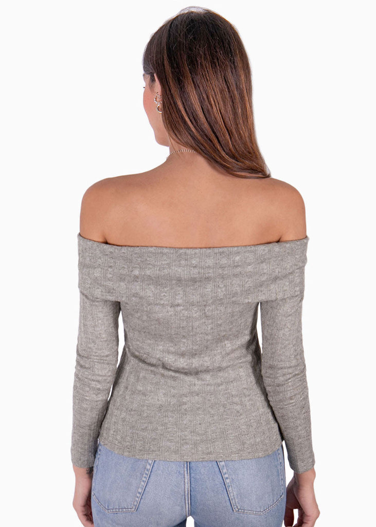 Blusa off shoulder manga larga color gris para mujer - Flashy