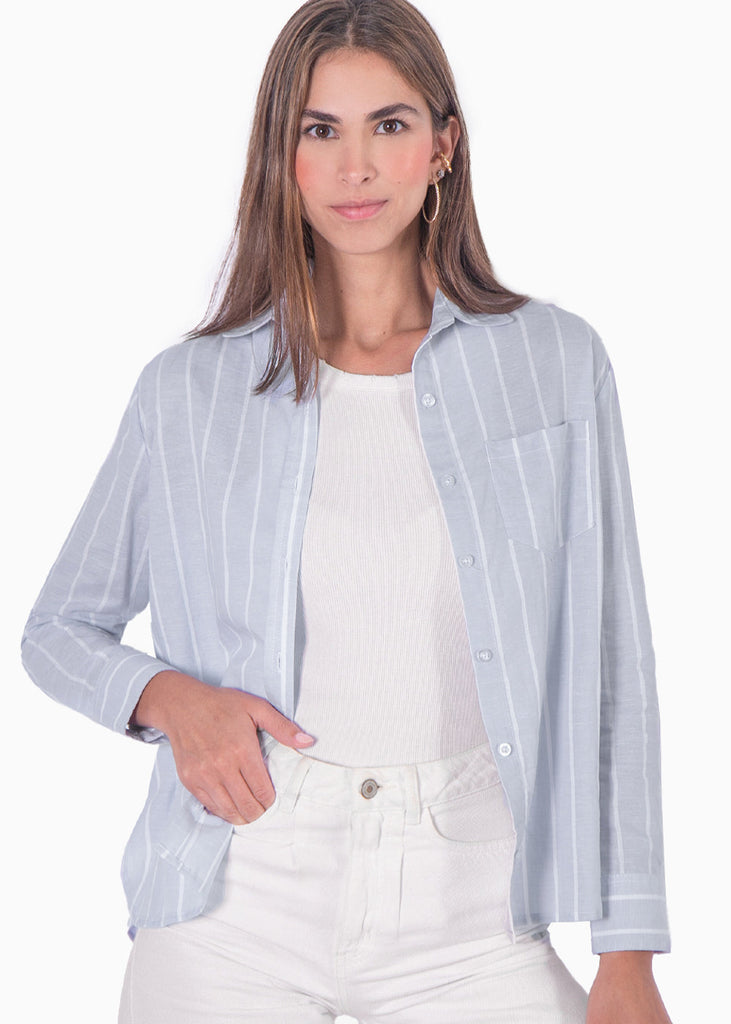 Camisa de botones manga larga con rayas color azul para mujer - Flashy