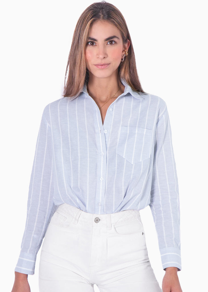 Camisa de botones manga larga con rayas color azul para mujer - Flashy