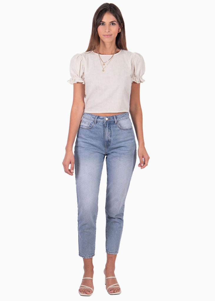 Blusa corta con mangas abullonadas y espalda descubierta con anudado color blanco, marfil para mujer - Flashy