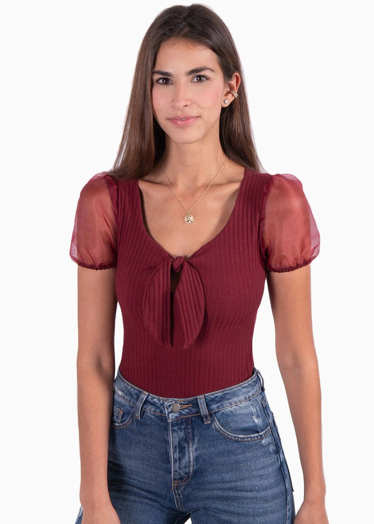 Body con escote anudado y mangas en organza para mujer - Flashy