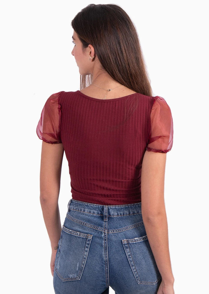 Body con escote anudado y mangas en organza para mujer - Flashy