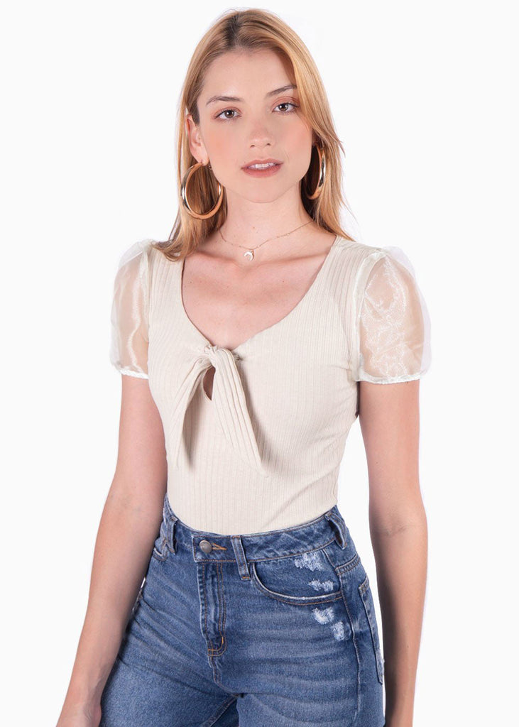 Body con escote anudado y mangas en organza para mujer - Flashy