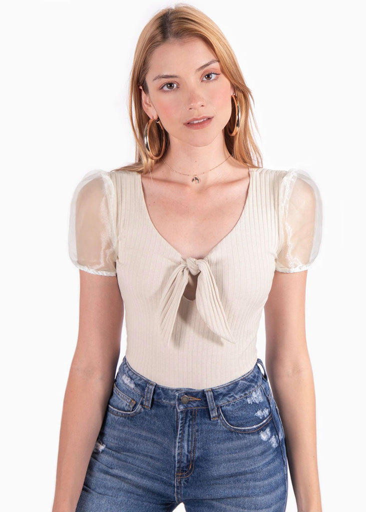 Body con escote anudado y mangas en organza para mujer - Flashy