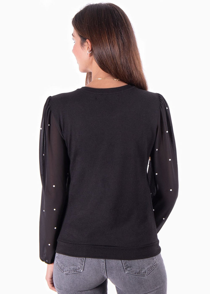 Buso con mangas en chifón con apliques de perlas para mujer - Flashy