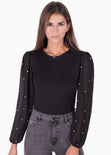 Buso con mangas en chifón con apliques de perlas para mujer - Flashy