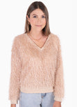 Buzo cuello en v en tela de pelo sintético color beige para mujer - Flashy