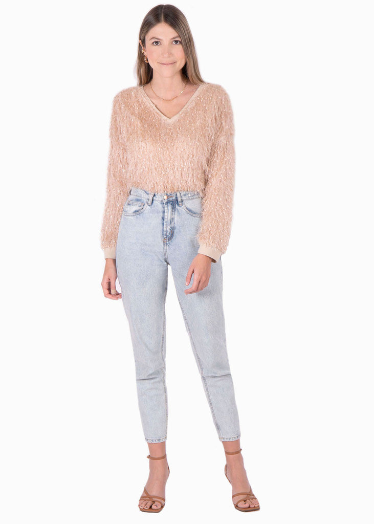 Buzo cuello en v en tela de pelo sintético color beige para mujer - Flashy