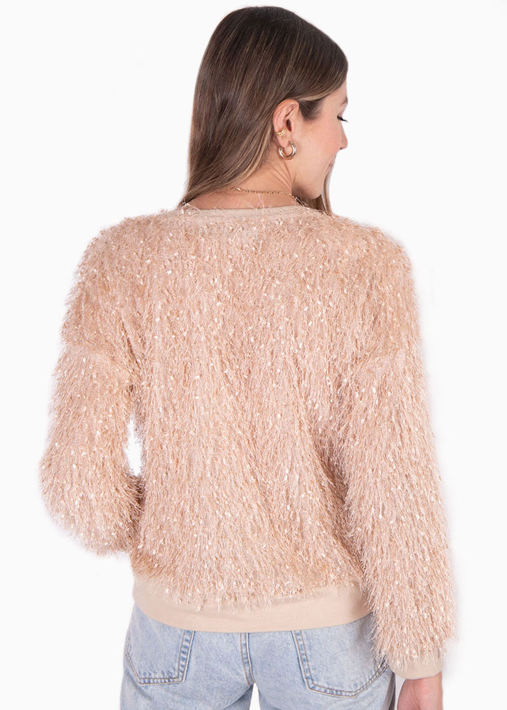 Buzo cuello en v en tela de pelo sintético color beige para mujer - Flashy