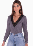 Buzo con escote en v y guipure color gris para mujer - Flashy