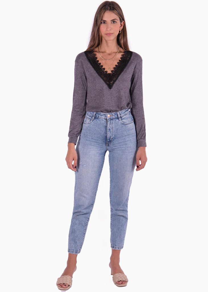 Buzo con escote en v y guipure color gris para mujer - Flashy