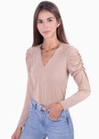 Camibuso manga larga escote en v y recogido en hombros para mujer - Flashy