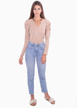 Camibuso manga larga escote en v y recogido en hombros para mujer - Flashy