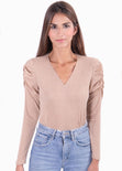Camibuso manga larga escote en v y recogido en hombros para mujer - Flashy