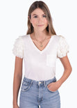 Camiseta con mangas abullonadas de encaje y cuello en v para mujer - Flashy