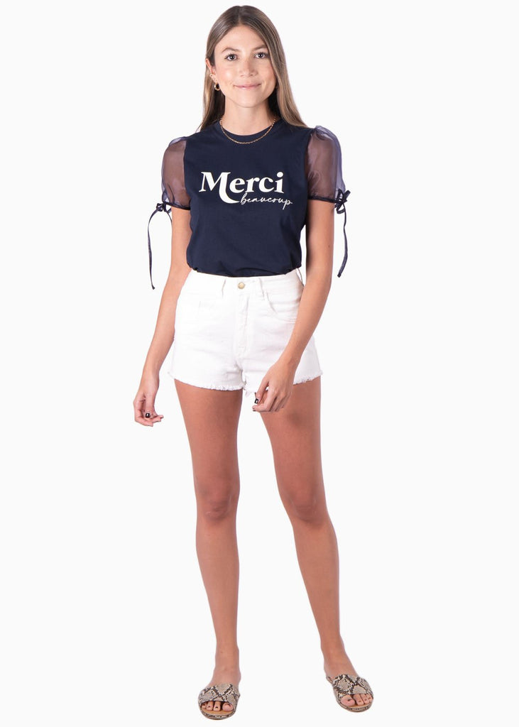 Camiseta con mangas de organza y estampado "Merci" para mujer - Flashy