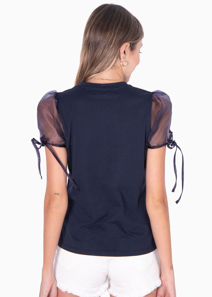 Camiseta con mangas de organza y estampado "Merci" para mujer - Flashy