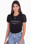 Camiseta estampada "Eternal" con perlas en mangas para mujer - Flashy
