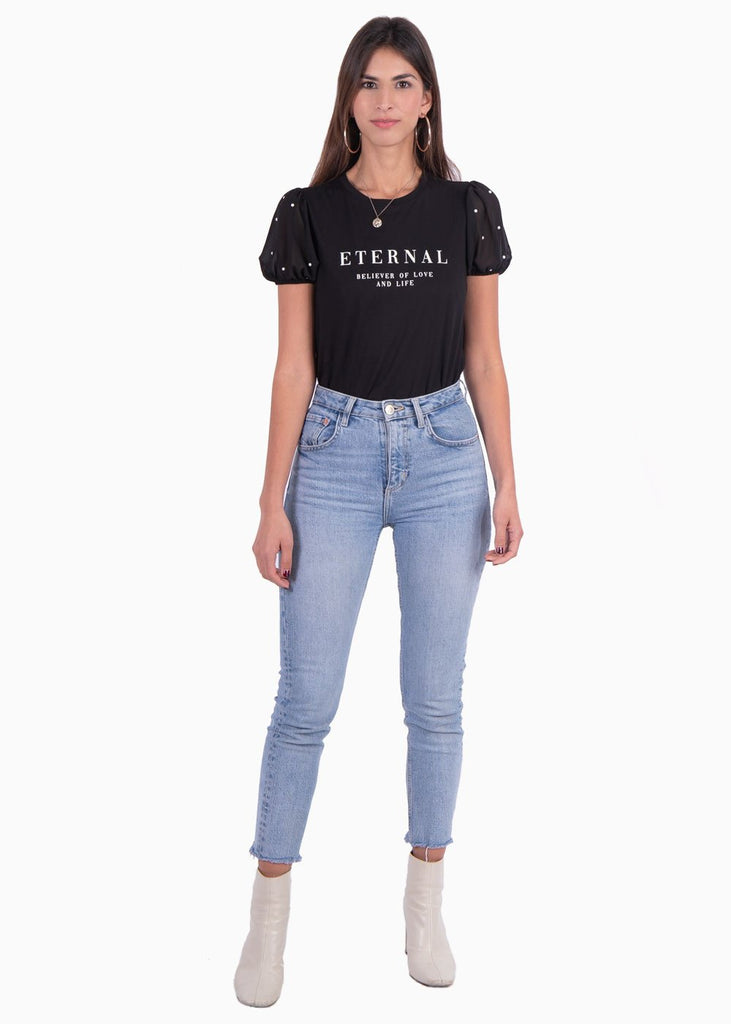 Camiseta estampada "Eternal" con perlas en mangas para mujer - Flashy
