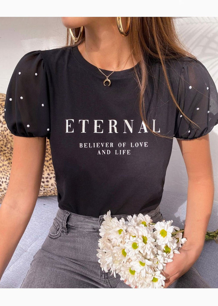Camiseta estampada "Eternal" con perlas en mangas para mujer - Flashy