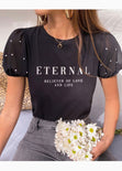 Camiseta estampada "Eternal" con perlas en mangas para mujer - Flashy