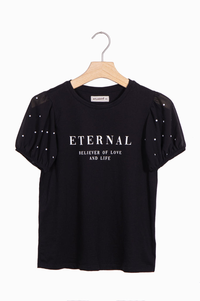 Camiseta estampada "Eternal" con perlas en mangas para mujer - Flashy