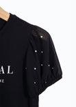 Camiseta estampada "Eternal" con perlas en mangas para mujer - Flashy