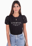 Camiseta estampada "Eternal" con perlas en mangas para mujer - Flashy