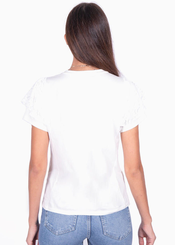 Camiseta estampada con encaje en mangas y bordado "Somewhere" para mujer - Flashy