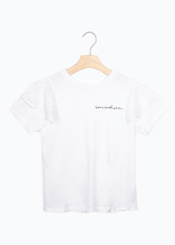 Camiseta estampada con encaje en mangas y bordado "Somewhere" para mujer - Flashy