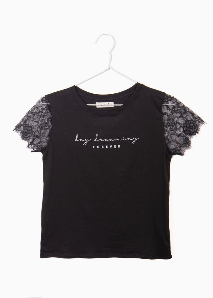 Camiseta estampada con mangas de encaje "Day dreaming forever" para mujer - Flashy
