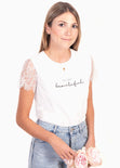 Camiseta estampada con mangas de encaje "You are beautiful" para mujer - Flashy