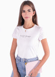 Camiseta estampada con mangas de ojalillo "Good things" para mujer - Flashy