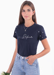 Camiseta estampada con perlas en mangas para mujer - Flashy
