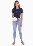 Camiseta estampada con perlas en mangas para mujer - Flashy