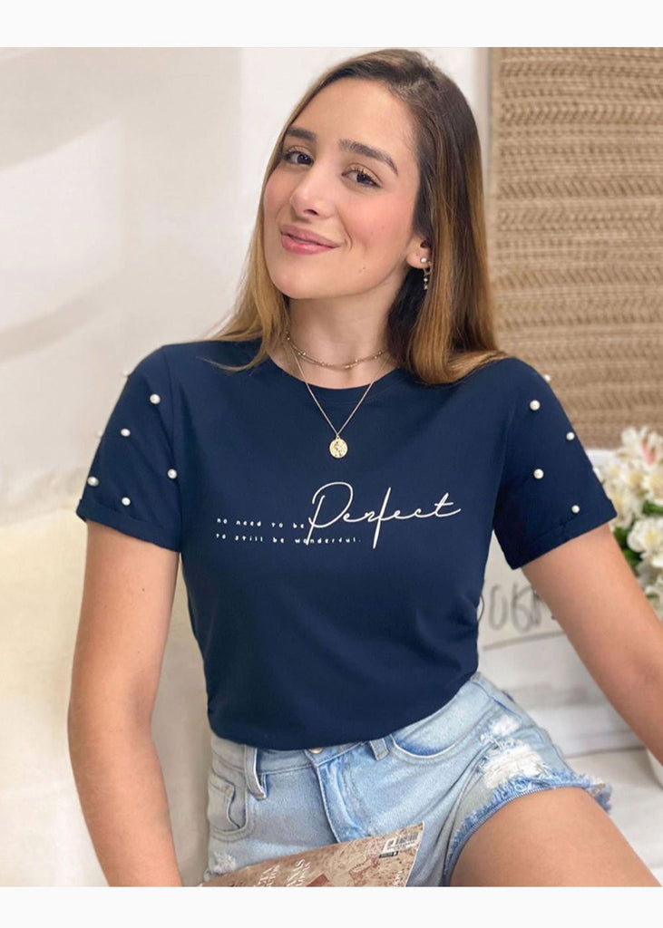 Camiseta estampada con perlas en mangas para mujer - Flashy