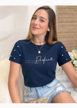 Camiseta estampada con perlas en mangas para mujer - Flashy