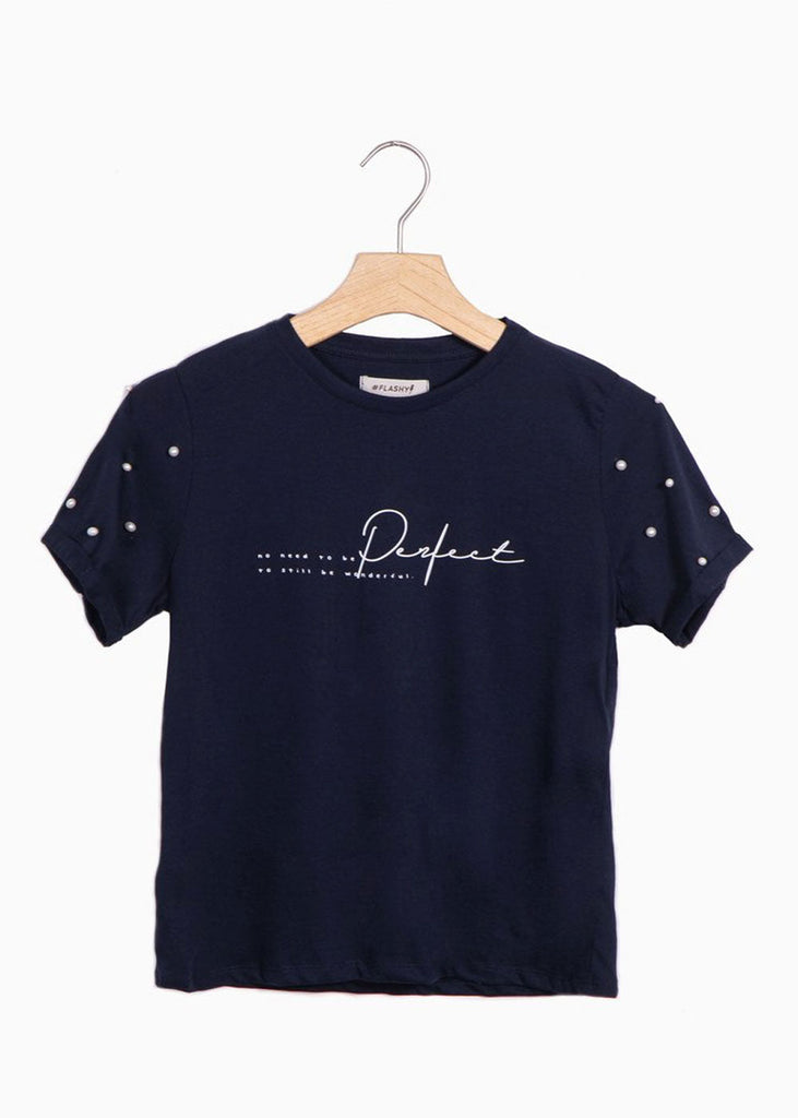 Camiseta estampada con perlas en mangas para mujer - Flashy