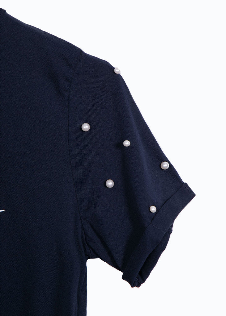Camiseta estampada con perlas en mangas para mujer - Flashy
