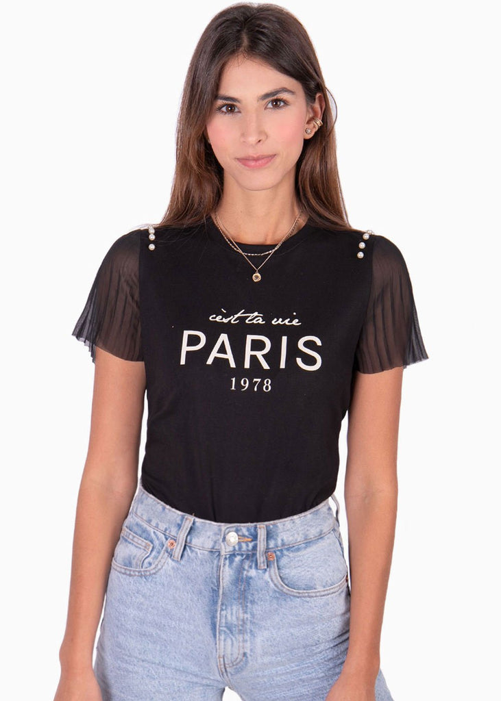 Camiseta manga corta con perlas en hombros para mujer - Flashy